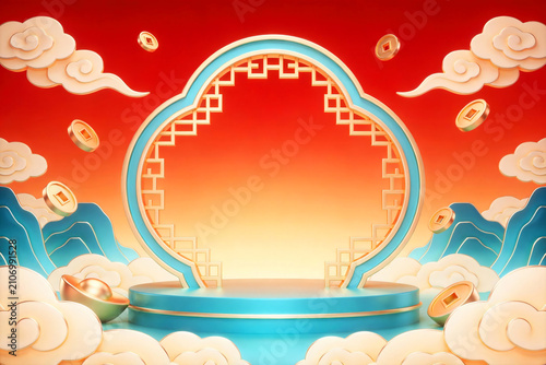 Chinese Style Red Frame Podium With Ancient Building And Red Lanterns