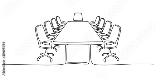 Continuous single line drawing of a conference room table with chairs