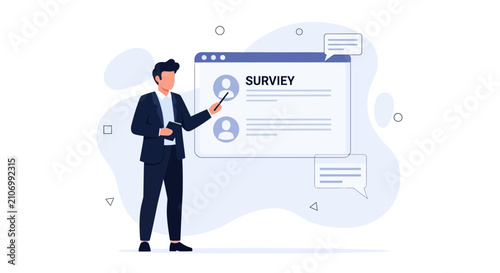 Man presenting survey results on a digital screen, demonstrating data analysis and feedback collection in business or marketing.