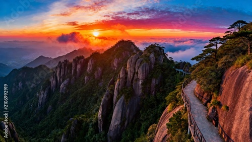 Sunset over mountain peaks with a winding path through rocky cliffs and clouds below