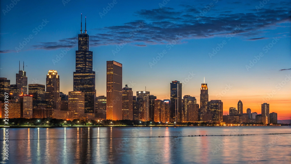 Naklejka premium Chicago Skyline Sunset Cityscape