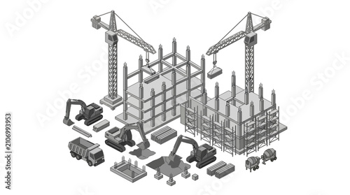 Fotografie Isometric line art illustration of a building construction site