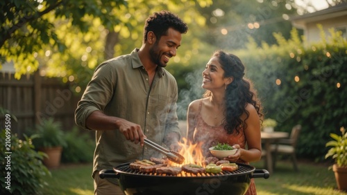 Happy Couple Grilling Barbecue Together in Backyard