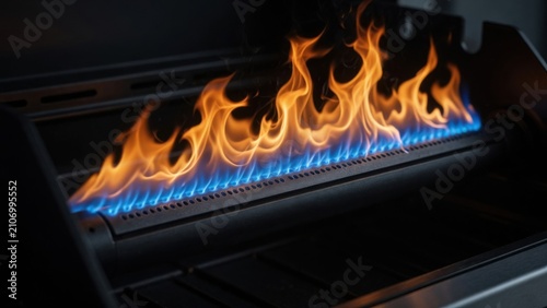 Blue and Orange Flames Burning on Gas Grill Burner
