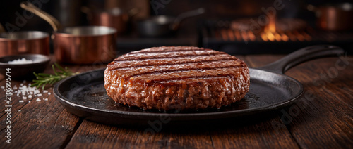 Juicy grilled beef burger patty with dark char marks