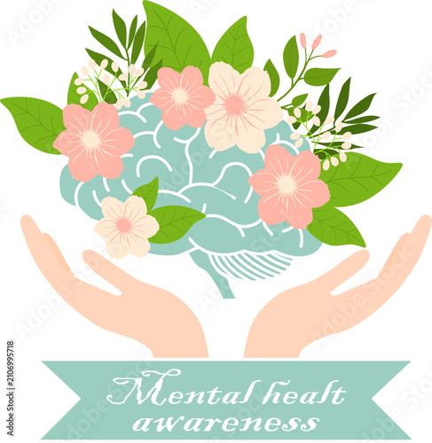 Brain with Flowers in Caring Hands, Mental Wellness and Brain Health Concept