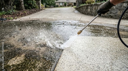 Worker cleans concrete driveway with a high pressure water jet