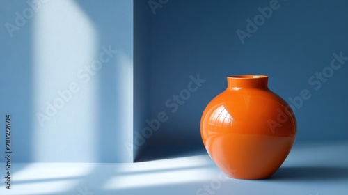Glossy orange vase stands against blue studio backgrounds with dramatic light and shadow contrast