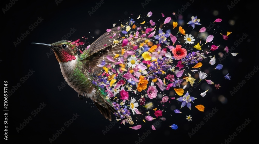 Obraz premium Hummingbird transforming into colorful flower petals