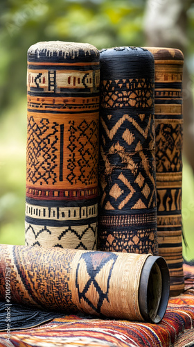 Cylinders wrapped in tribal fabrics exhibit complex geometric motifs and represent traditional textile arts used in ceremonial contexts.