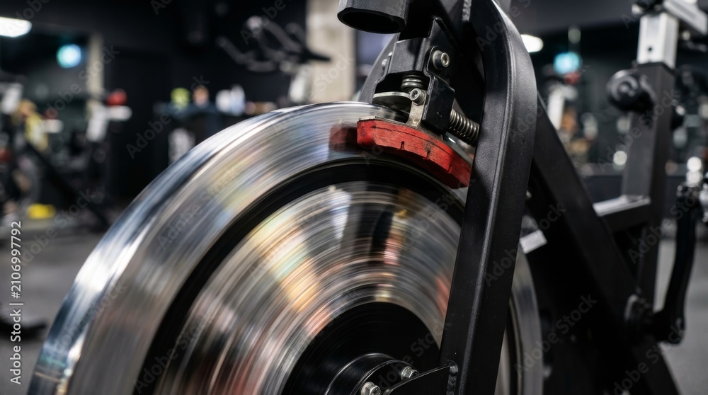 Fototapeta premium A close up shows a spinning gym flywheel with a red brake pad.