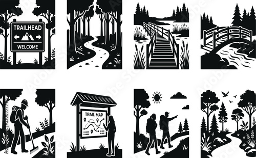 Wildlife research and forest conservation vector icon set featuring field scientists trail cameras and field camps.eps,