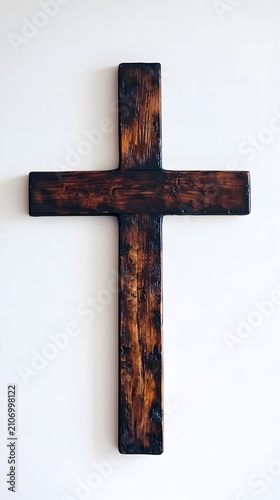 Cross made of dark weathered wood hangs centered against a plain white wall representing religious faith.