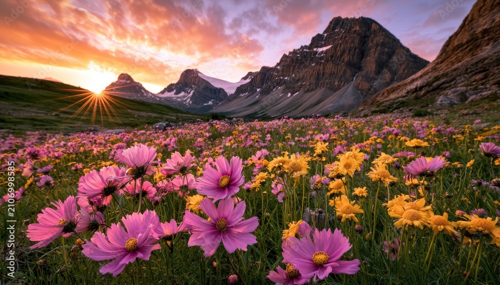 Fototapeta premium Vibrant mountain meadow bursts with pink and yellow wildflowers at sunrise
