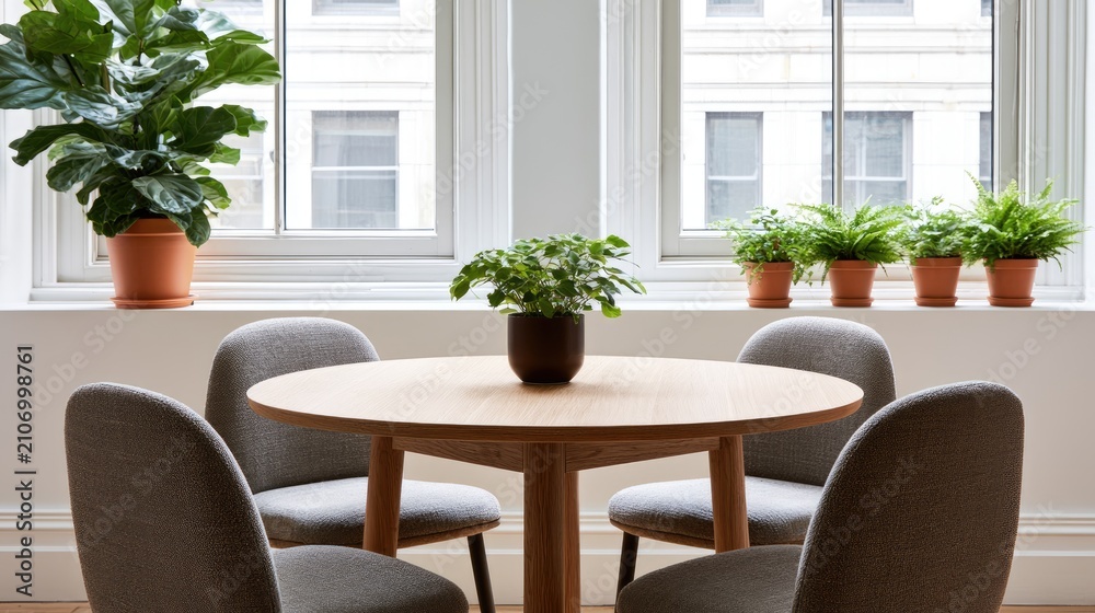 Fototapeta premium Modern round table with chairs and plants in front of windows