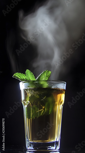 Mint tea in a clear glass provides a refreshing aromatic experience with rising steam against a black backdrop.