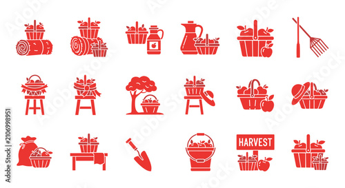 Set of red apple harvest festival icons and farm elements