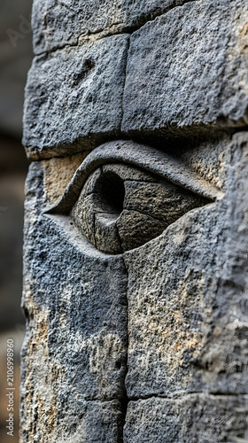 Ancient masonry featuring a singular carved eye serves as a protective symbol embedded within the weathered stone architecture of a crumbling historical site.