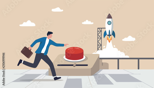 Bild auf Leinwand Push button call for emergency help, control launch rocket, start new business l