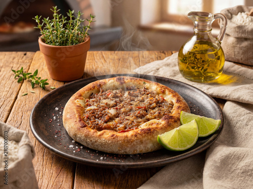  Meat sfiha with lemon on green plate - Arabic Meat sfiha