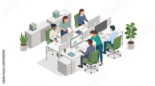 Isometric illustration of diverse office employees collaborating in modern workspace