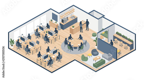 Modern isometric office interior with employees working and meeting