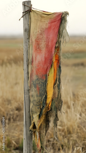 Weathered fabric flag hangs from a rustic wooden post in a vast, empty field under a muted, overcast sky.