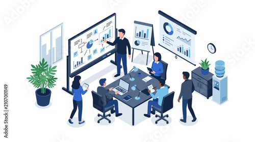 Isometric business presentation with team brainstorming and analyzing data charts