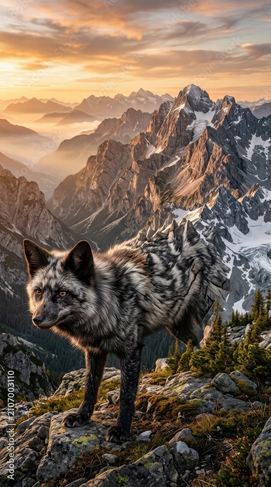 Fototapeta premium Silver fox standing on a mountain peak at sunset