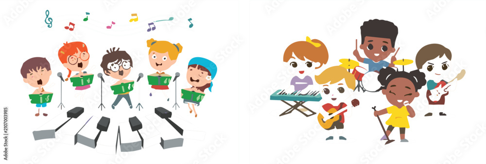 Fototapeta premium Kids Choir Singing and Children Music Band Playing Instruments Cartoon Illustration Set Cute Happy Musicians Vector