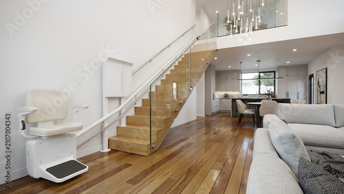 Residential interior staircase featuring modern stair lift for accessibility