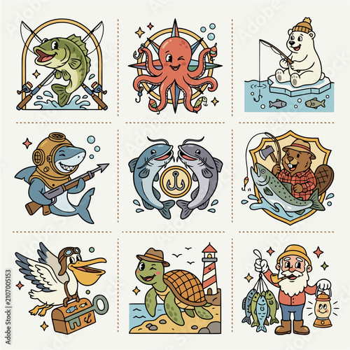 Cute Fishing Adventure Collection – Cartoon Bass Fish, Fishing Gear, Tackle Box, Lure and Angler Mascot Vector Icon Set