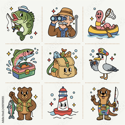 Cute Fishing Adventure Collection – Cartoon Bass Fish, Fishing Gear, Tackle Box, Lure and Angler Mascot Vector Icon Set
