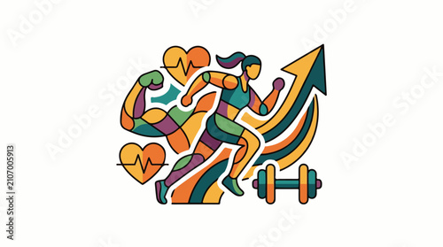 Vibrant geometric shapes form a runner weights and heartbeats