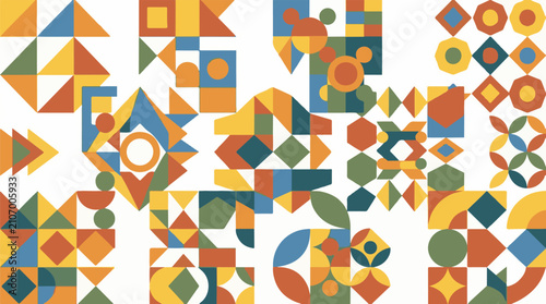 Vibrant geometric shapes form a modern abstract mosaic pattern