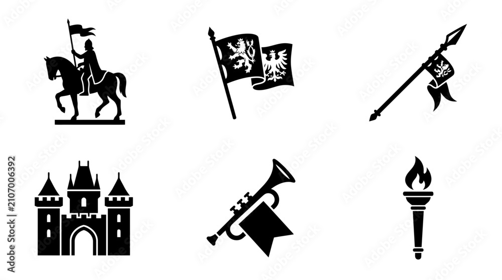 Fototapeta premium St. Wenceslas Festival celebration silhouette symbols, horse statue, medieval banner, ceremonial spear, castle gate, trumpet, procession torch, exactly six symbols only