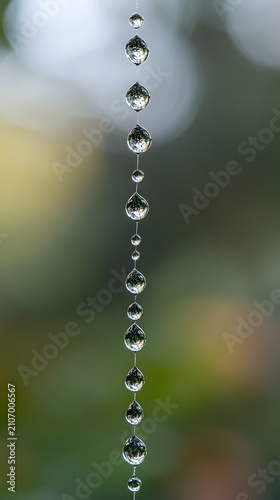Raindrops hang suspended in a delicate vertical line from a spider web thread against a soft bokeh garden background.