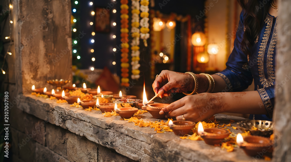 Obraz premium Woman's Hand Lighting A Traditional Diya Near A Window With Warm Golden Light, Festive Decorative Background And Indian Diwali Celebration Atmosphere