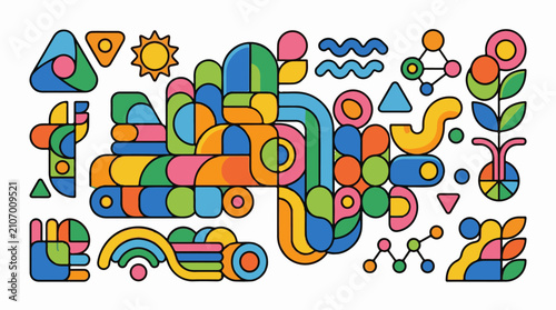 Vibrant abstract shapes and lines form a playful organized composition