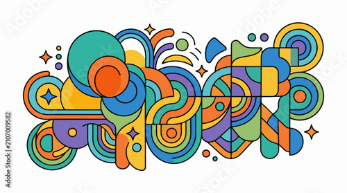 Vibrant abstract shapes and lines in a playful retro-inspired arrangement
