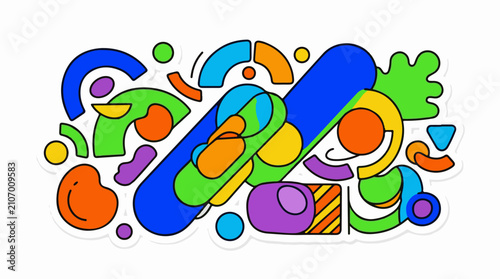 Vibrant abstract composition of interlocking geometric and organic shapes