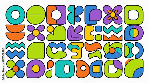 Vibrant abstract shapes and patterns in a playful geometric composition