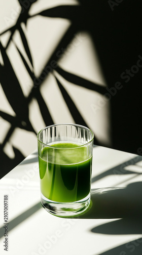 Green detox juice sits on white counter with shadows from leaves in bright light