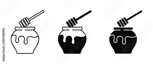 Honey Jar Icon, featuring dripping honey pot, solid and outline style, organic food, bee nectar, honey dipper, healthy sweet vector illustration