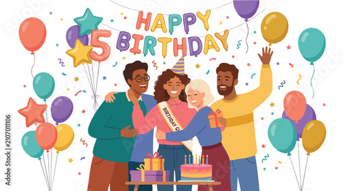 Best friends illustration best friends flat illustration celebrating a birthday party with balloons and cake