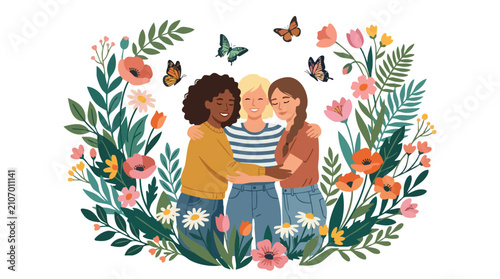 Best friends illustration and best friends flat illustration featuring diverse women hugging surrounded by floral wreath