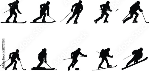 Canvas Print Winter Sports Silhouettes Collection with Ice Hockey Players and Skiers on White