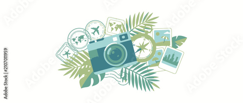 Travel Vacation Concept with Camera and Tropical Elements