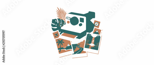 Travel Photography Concept with Vintage Instant Camera and Scenic Landscape Photos