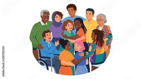 Best friends illustration and best friends flat illustration showing diverse group hugging